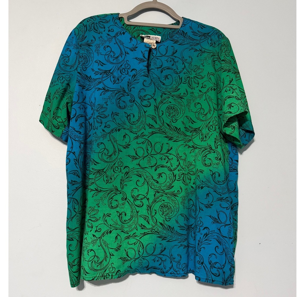 Dena Lauren Women's 1X Blouse Blue Green Ombre Paisley Scroll Short Sleeve 2223